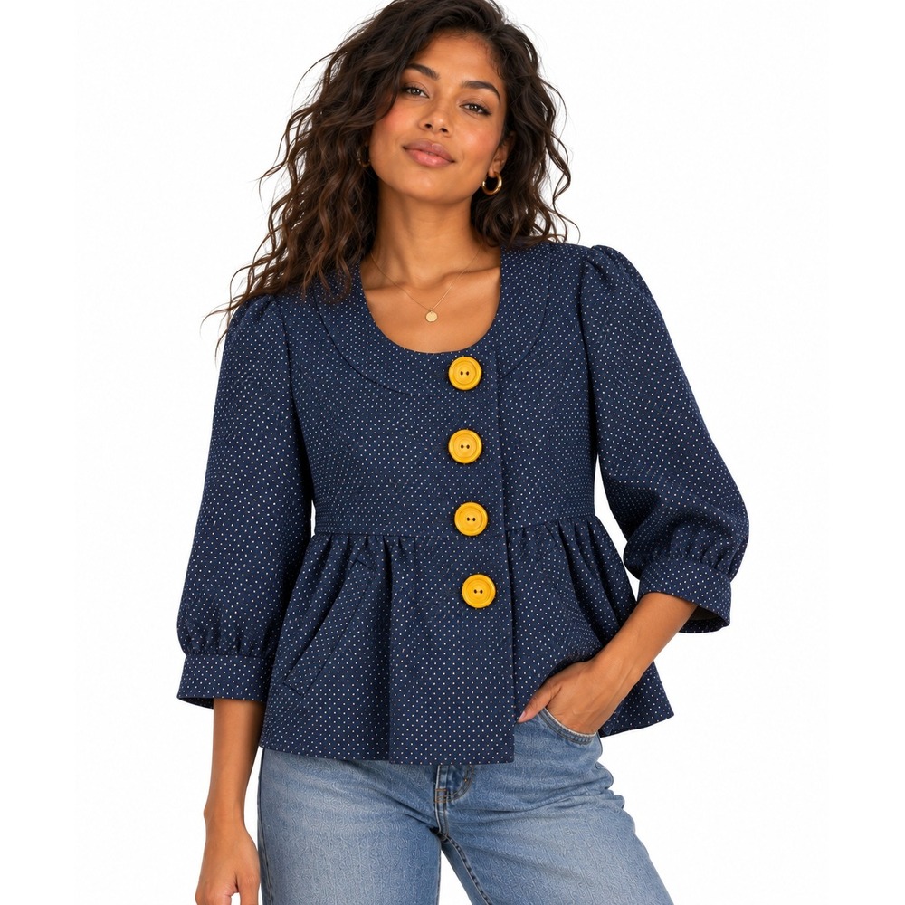 Ett Anthropologie Polka Dot Peplum Jacket Size 4 Navy Statement Buttons